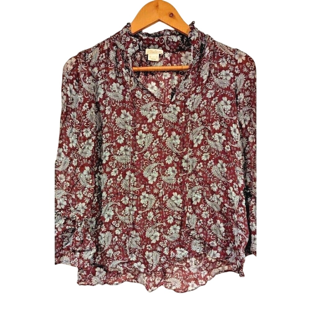 Shoshanna Floral Paisley‎ Blouse XS Burgundy Sheer Long Sleeve Top Chic Boho 90s